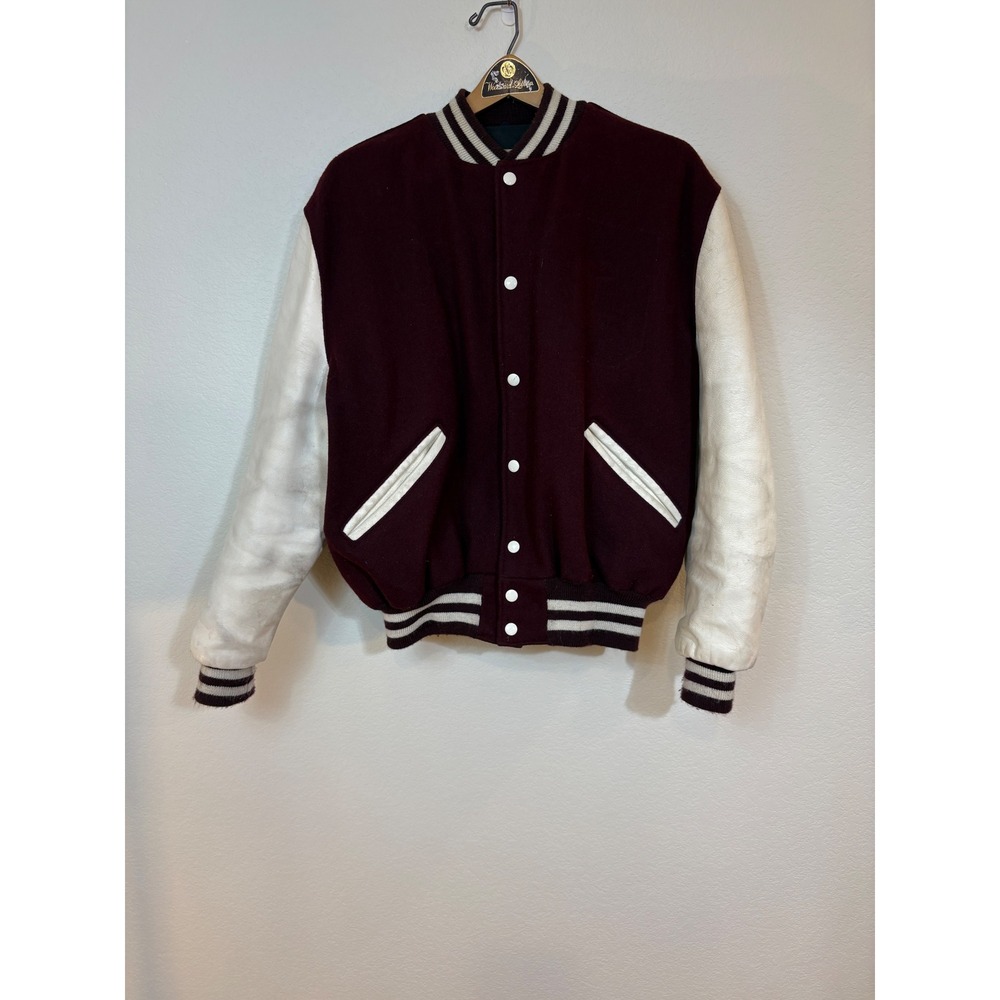 Vtg 70s DeLONG Varsity Jacket  46‎ Maroon Leather Wool Letterman Preppy sporty